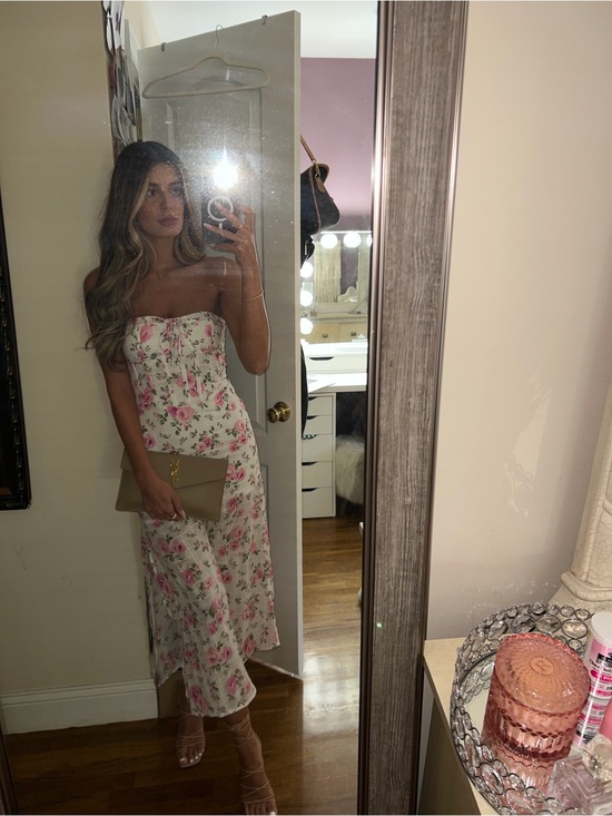 Misslola Dresses & Skirts - Strapless White Midi Dress with Pink Floral Print